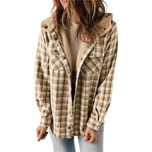 Women's Plaid Shacket Jacket Button Down Fleece Hooded Coat Jacket, Khaki
